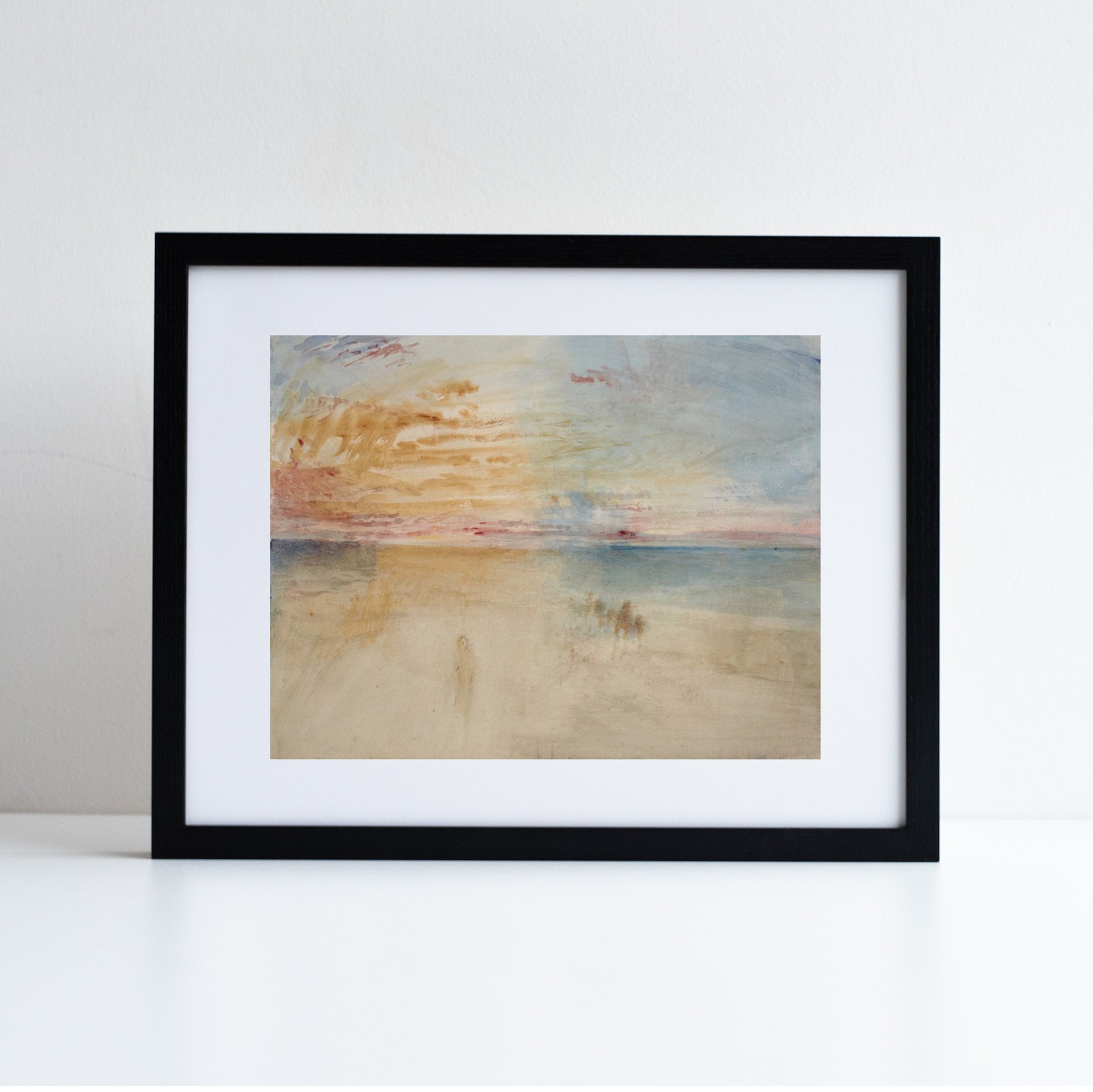 Framed reproduction of Sunset on Wet Sand by William Turner. Seascape painting.