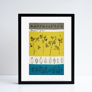Framed reproduction of Bouquet Garni by Lucienne Day. Yellow, blue and white print with flowers.