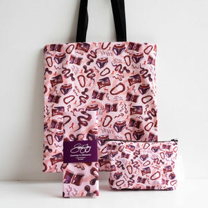 Tote bag, tea towel and cosmetics bag with Sarah Joy Ford print against a white backdrop.