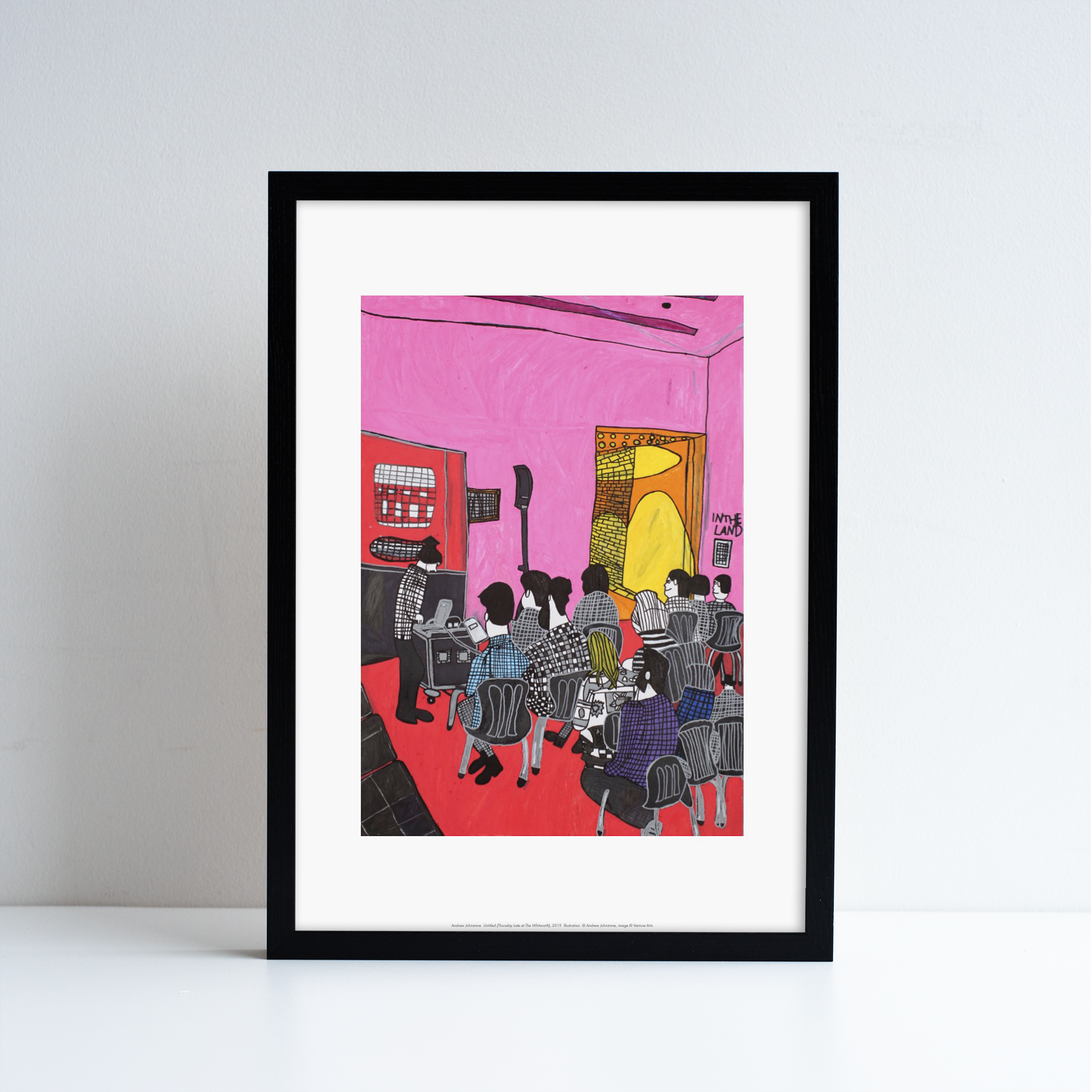 Framed reproduction of Andrew Johnstones artwork. A room full of people sat on chairs with pink walls.