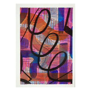 Image of a colourful Risograph print. Pink, orange, blue and black abstract pattern. White border.