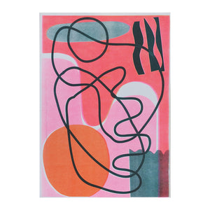 Image of colourful Risograph print. Red, grey, orange, black and teal abstract pattern.