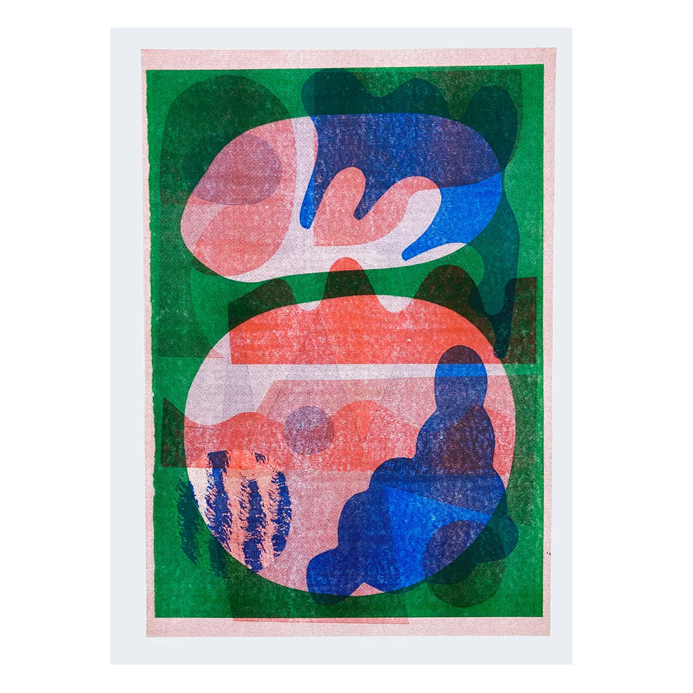 Image of an abstract colourful risograph print. Green, white, red and blue abstract shapes