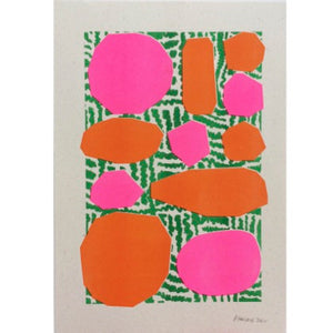Image of a colourful Risograph print. Grey border with red, pink and green abstract shapes.
