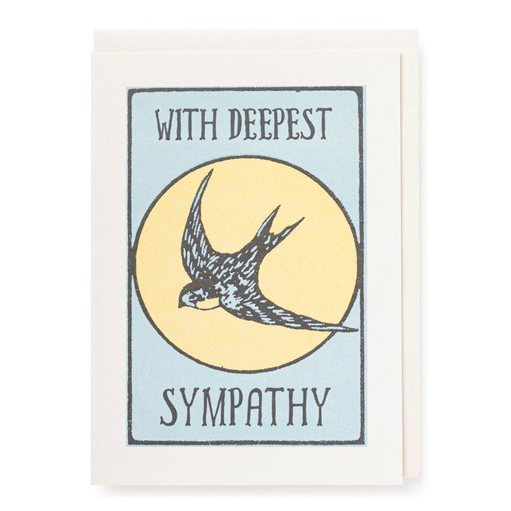 Card, cream envelope with a swallow in a circle, colours are blue, dark grey and pale yellow. Text reads with deepest sympathy.