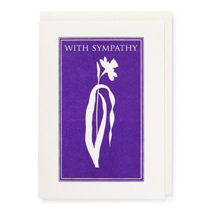 Card, cream envelope with a purple print and white daffodil flower. Text above flower reads with sympathy.