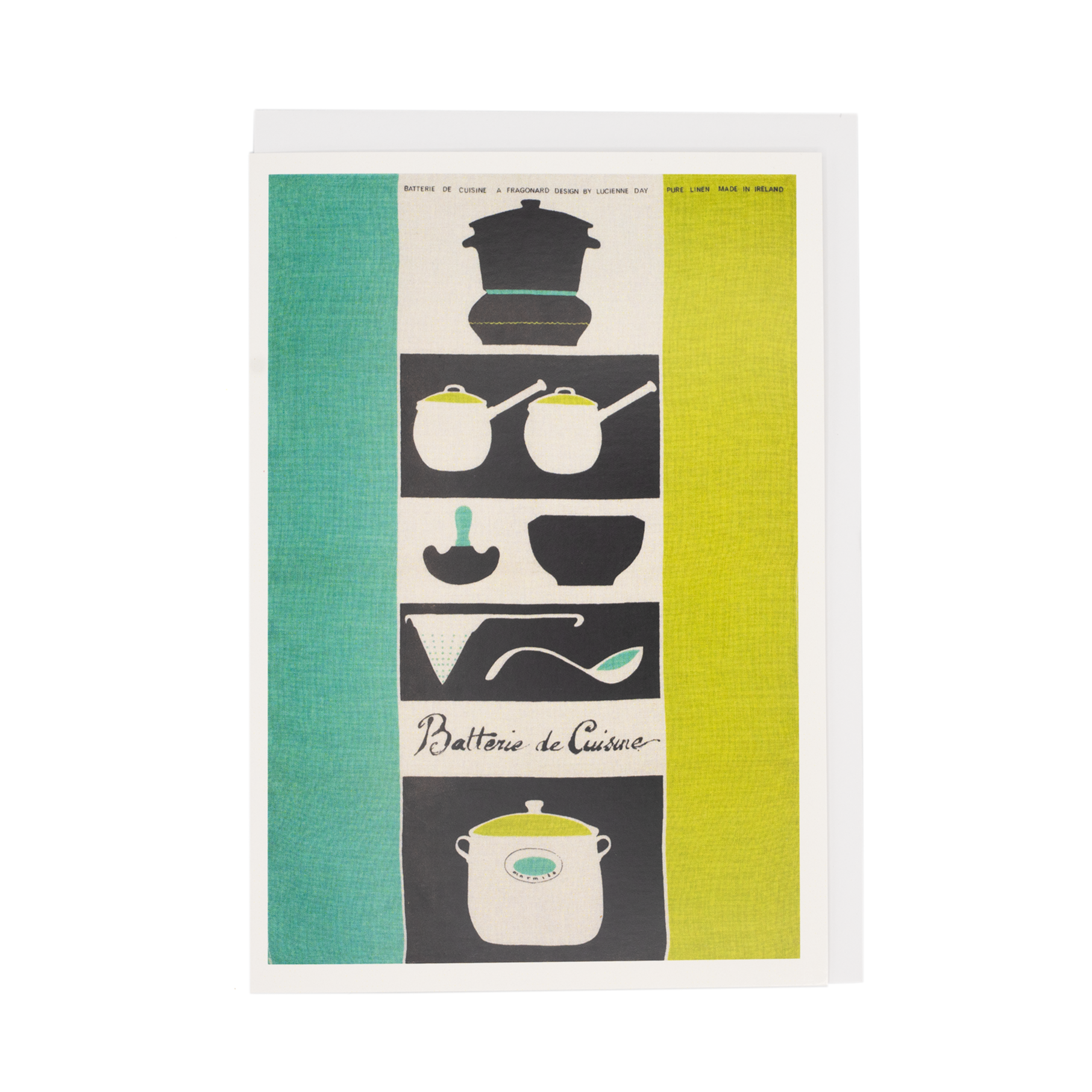 Image of 'Batterie de Cuisine' greetings card by Lucienne Day. Blue and yellow print with kitchenware pattern at the centre