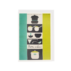 Lucienne Day's Batterie de Cuisine design on a greetings card, white background