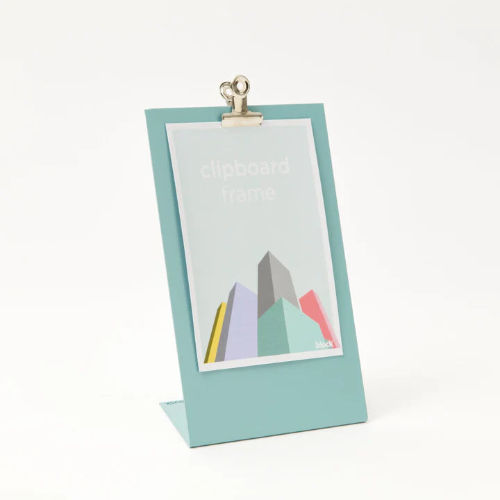 White background shot of the light blue clipboard frame with a generic print with white text reading, clipboard frame.