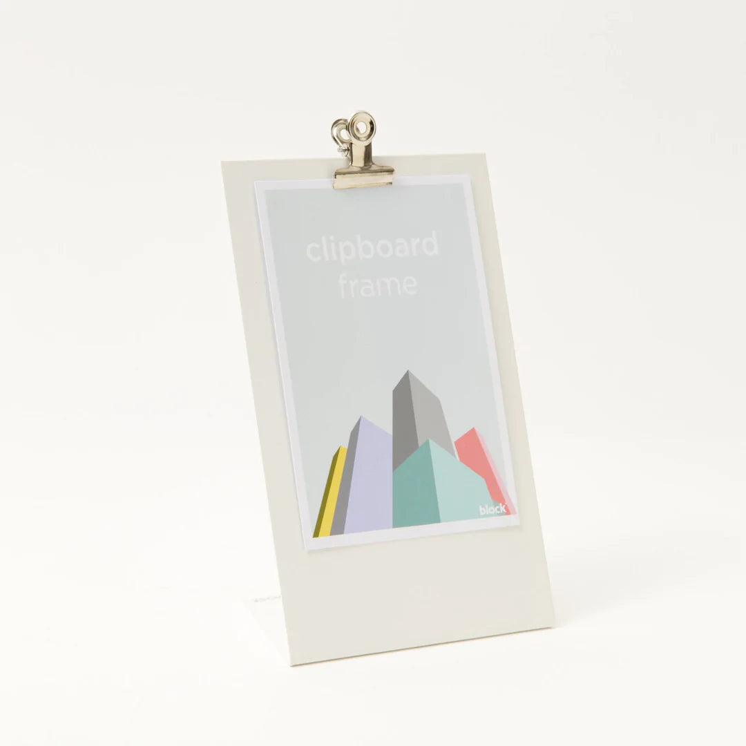 White background shot of the white clipboard frame with a generic print with white text reading, clipboard frame.