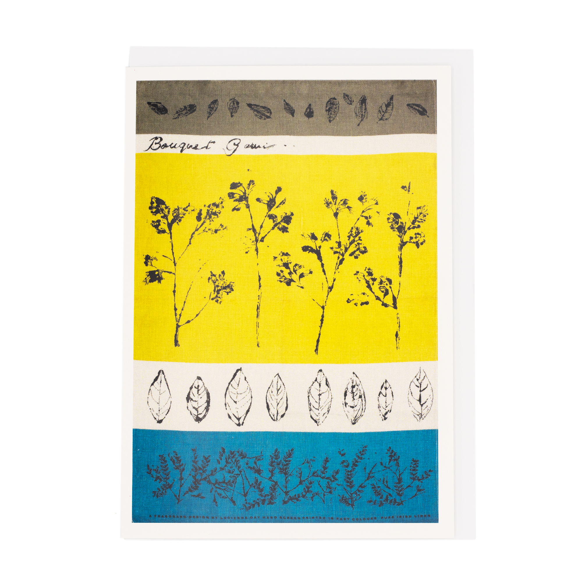 Image of greetings card with Lucienne Day Bouquet Garni design. Yellow, blue and white botanical pattern.