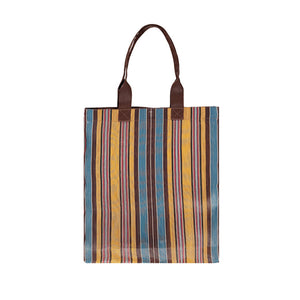 Image of a blue and orange striped bag against a white background.