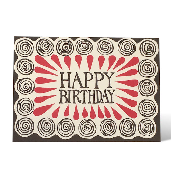 Dark grey, red and cream card with the words 'HAPPY BIRTHDAY' in the cenre. Surrounded by a background of spirals and red teardrops