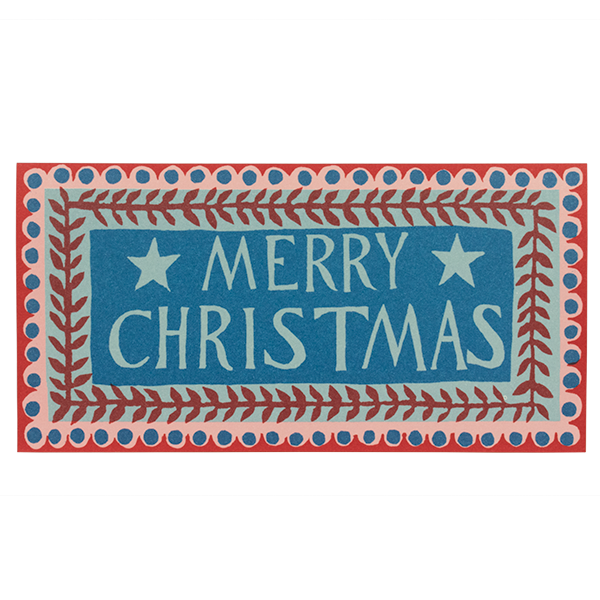 Birthday card with the words 'Merry Christmas' written in the centre, bordered with two patterns. Blue, pink and red colours.