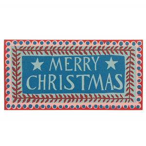 Birthday card with the words 'Merry Christmas' written in the centre, bordered with two patterns. Blue, pink and red colours.