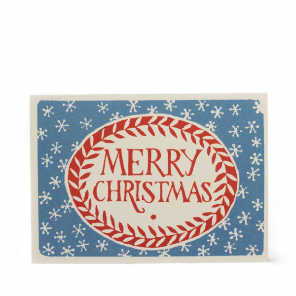 Card with the words 'Merry Christmas' at the centre in a red circle above a blue and white snowflake background.