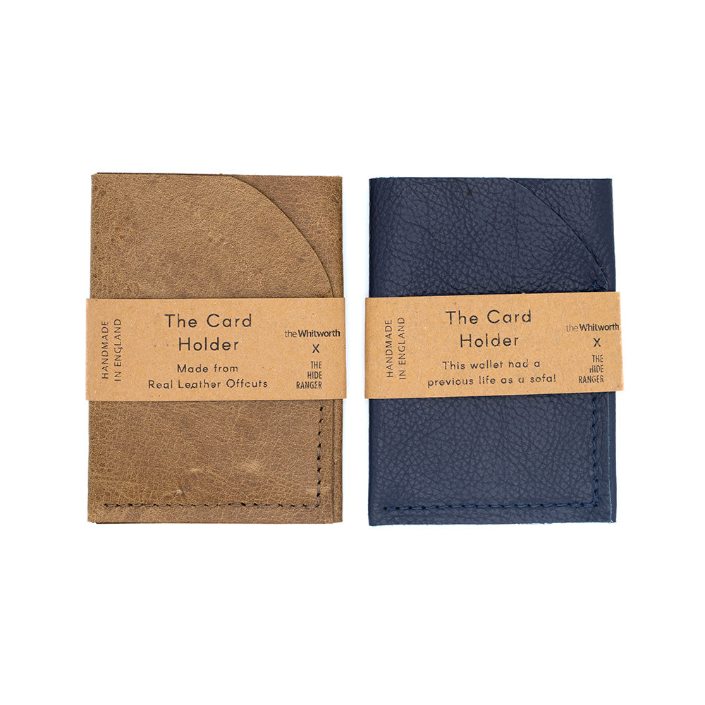 Image of a brown and navy card holder sat side by side with labels. White background
