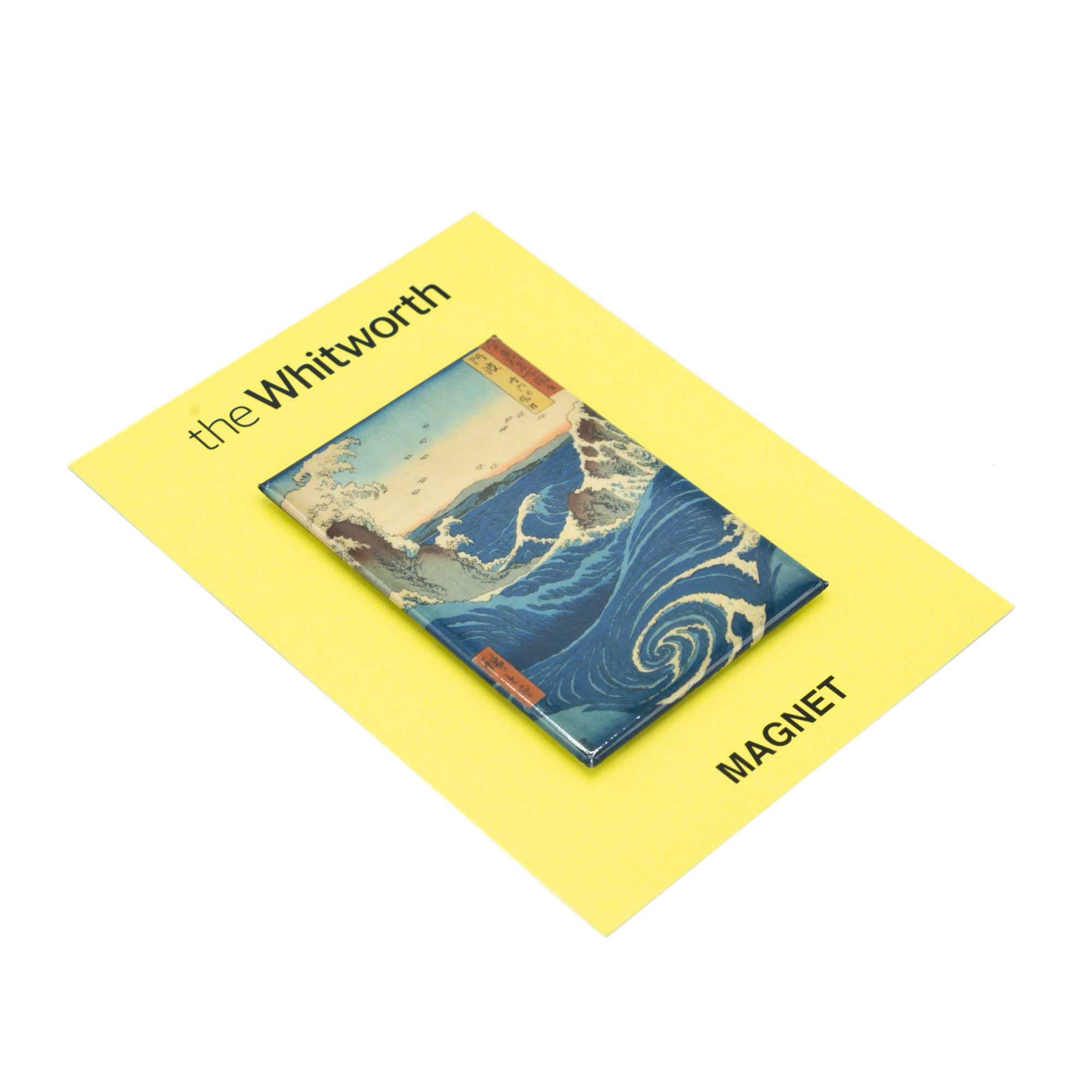Magnet photographed against yellow Whitworth backing card and white background. The magnet features Naruto Whirlpool design