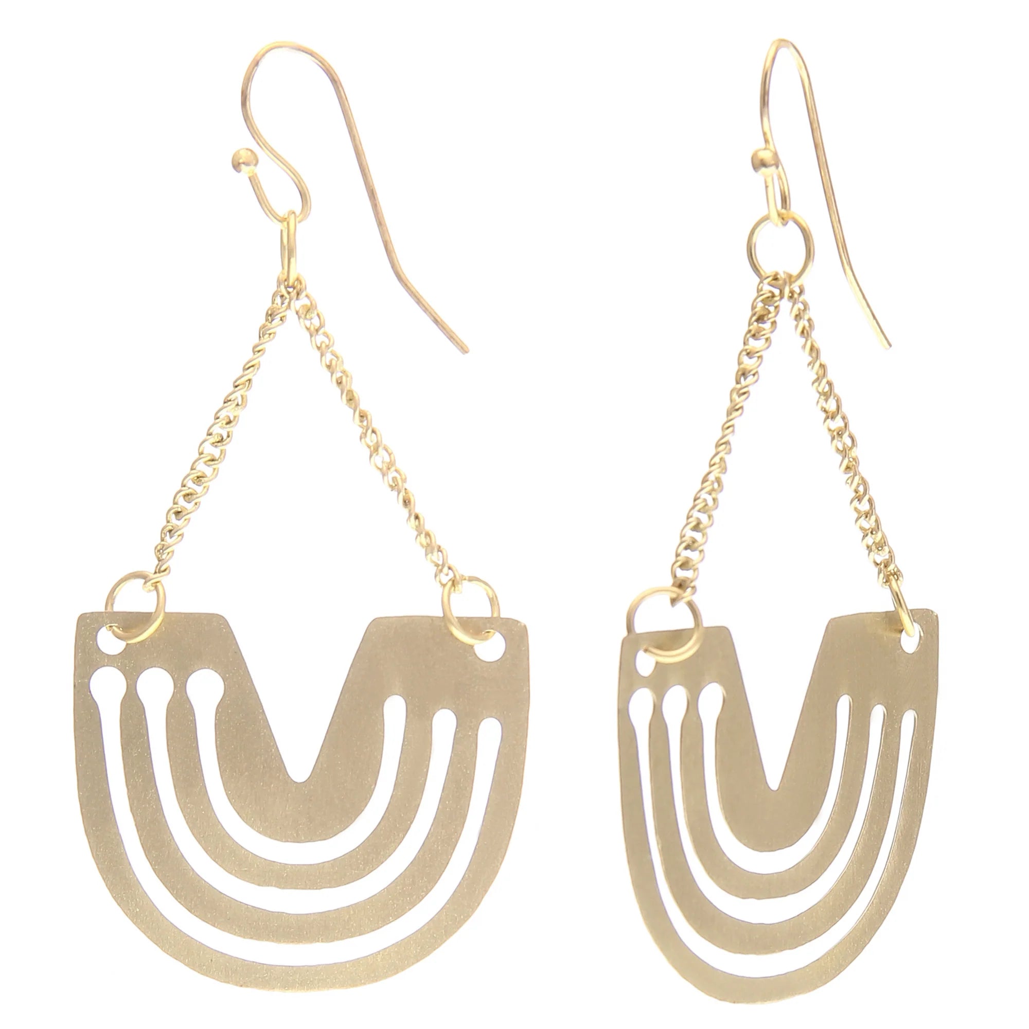 Gold earrings with hook attachment, chain and horse shoe design.