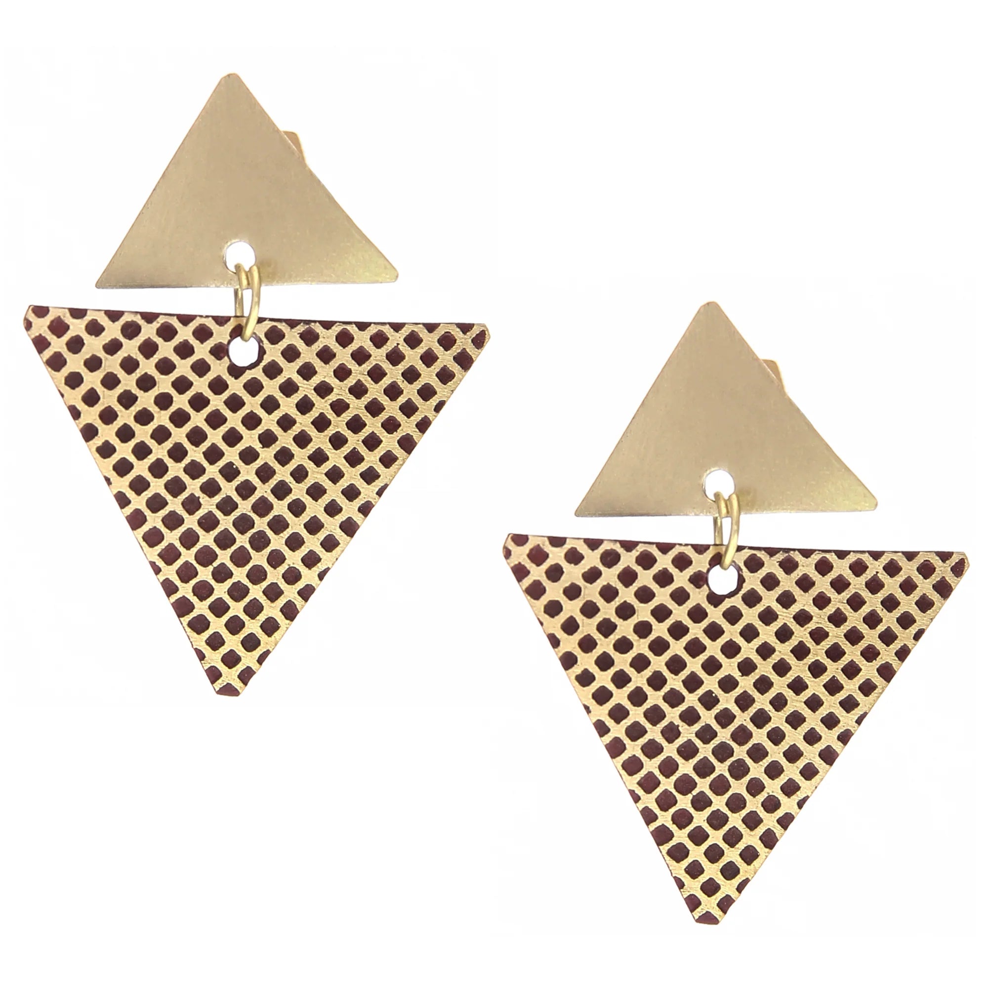 Earrings photographed against white backdrop. These earrings come with one golden triangle atop a larger upside-down triangle.