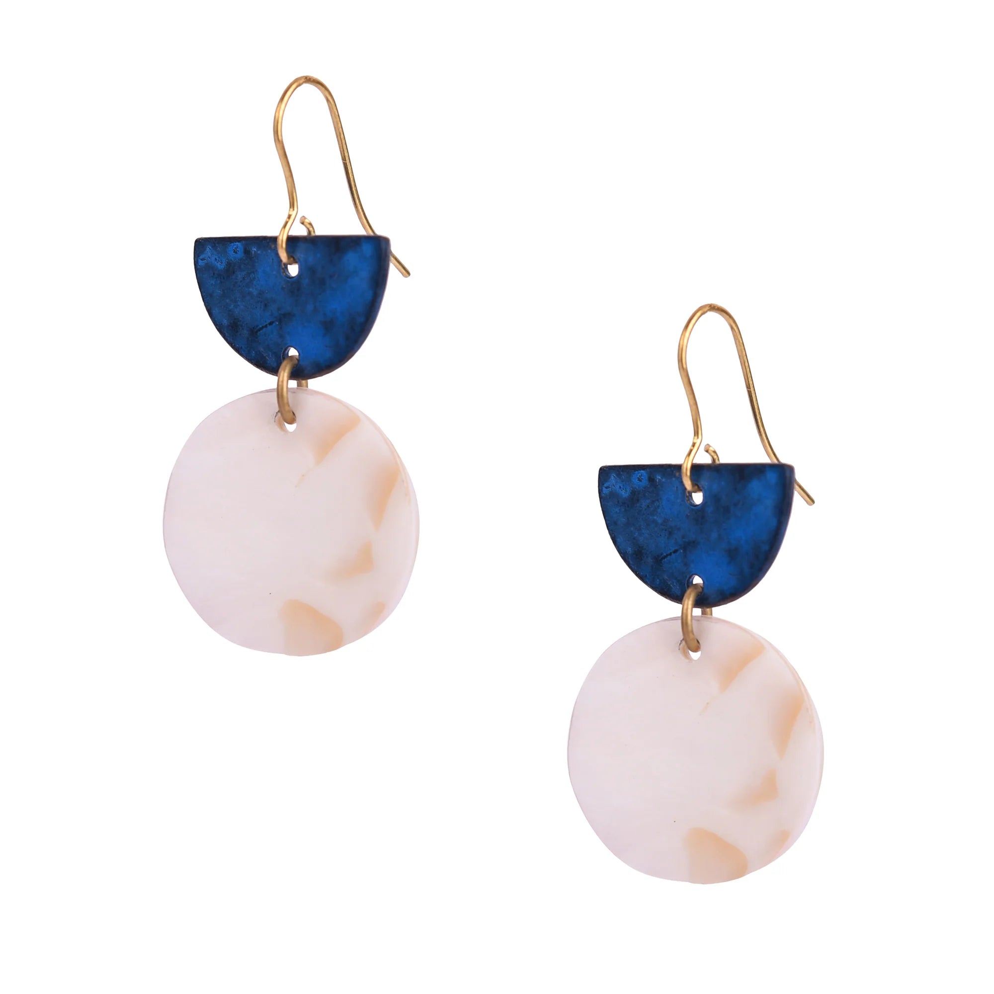 Earrings white background. Earrings are two shapes attached to each other. The top shape is a semi circle in electric blue. The bottom is a circle made out of Mother of Pearl.