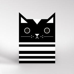 Black and white card with cat ears cutout at the top. The black and white striped cats face is the top with its striped body as a square below.