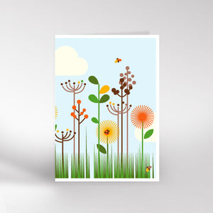 Pale blue card with two small clouds. In the foreground were different shades of grass and plants and flowers of different heights.