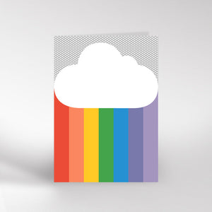 A card with grey and white dot pattern at the top with a large white cloud filling the width of the card just below. From the cloud comes a vertical rainbow.