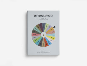 Image of a gret box of cards with the words 'EMOTIONAL BAROMETER' at the top. In the centre there is a colourful wheel with different words 