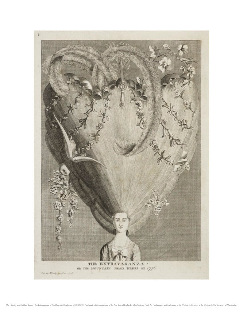 A print of an etching of a person with a dramatic headdress by Mary and Mathew Darly