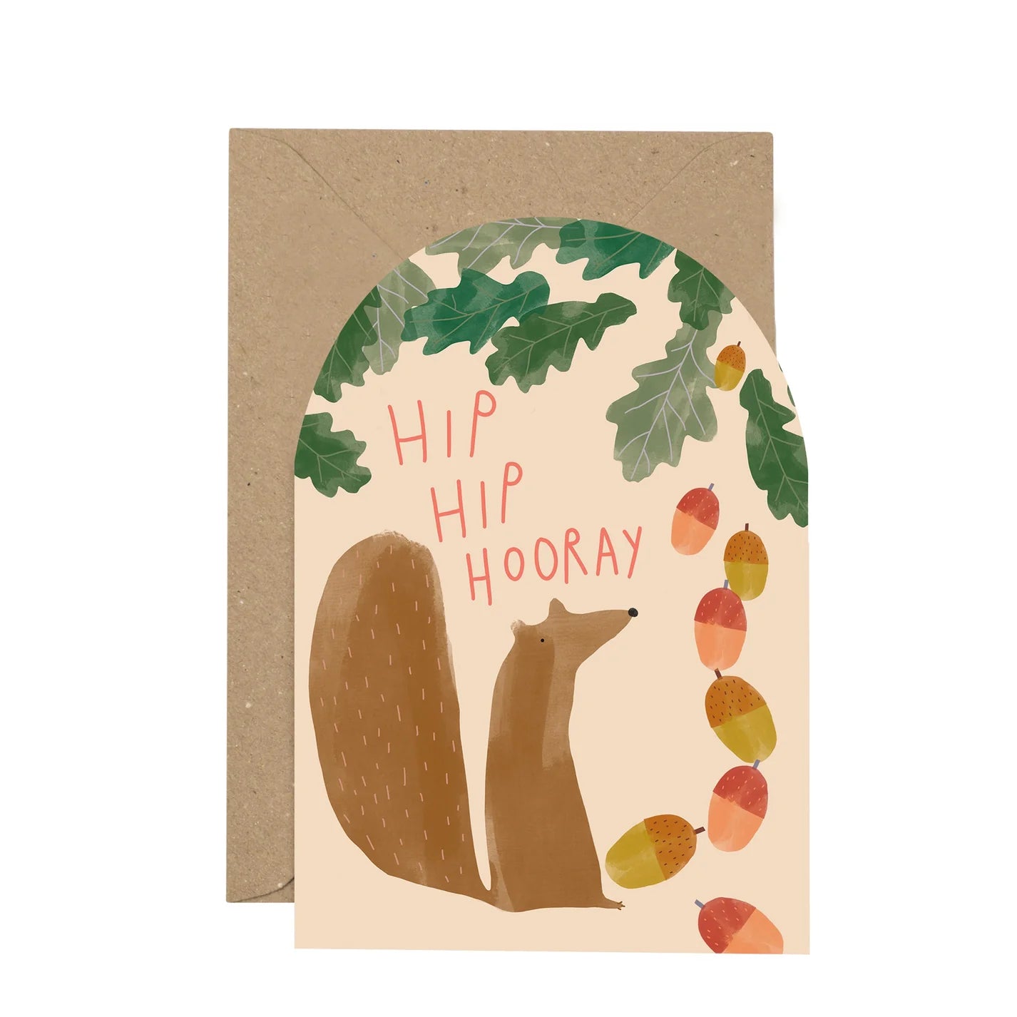 A card and brown envelope against white background. The words Hip Hip Hooray are placed above an illustration of a squirrel under a tree.