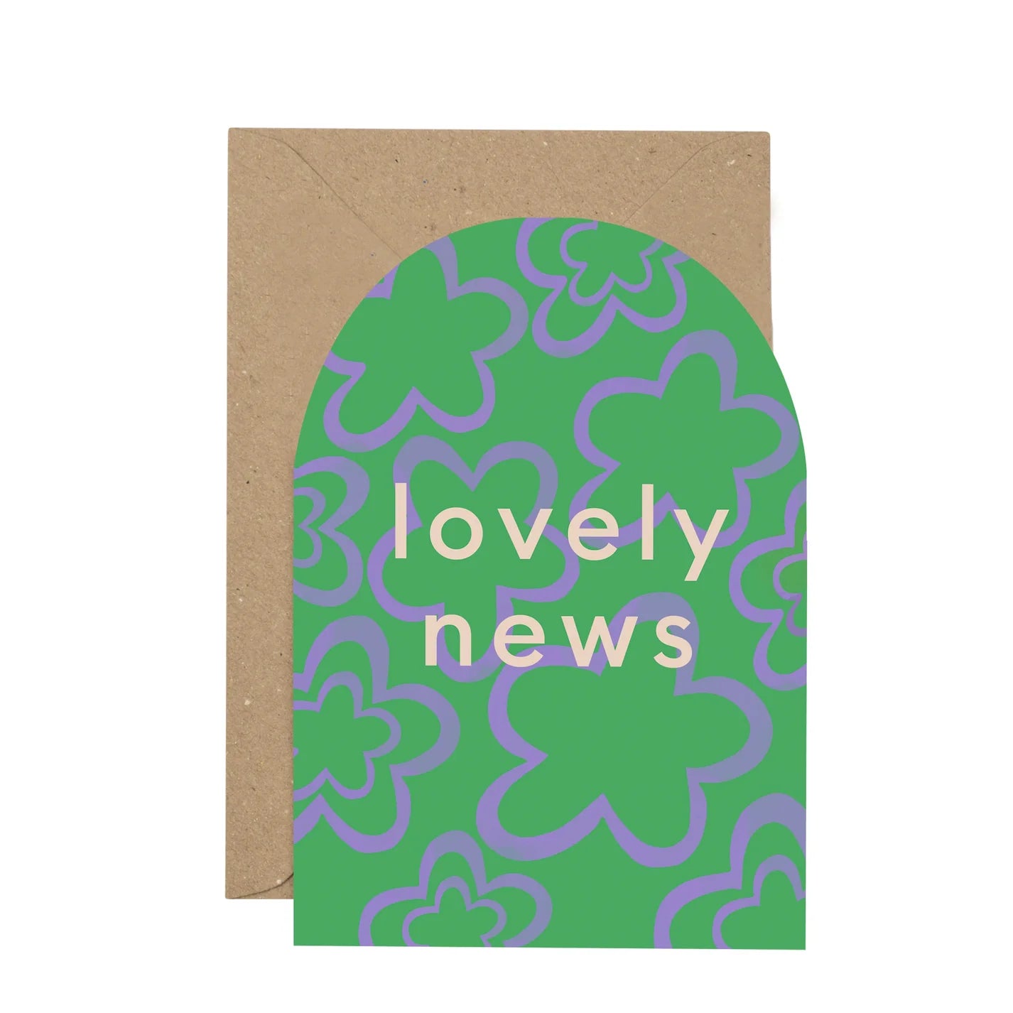 Curved card and brown envelope against white background. The words lovely news printed on the card which is a green and purple squiggle pattern