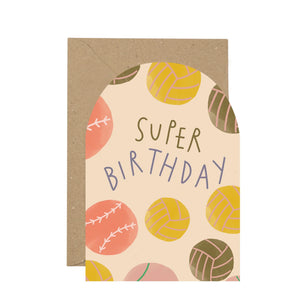 Card with brown envelope - white background. Peach card with different coloured football pattern. The words Super Birthday at the centre.