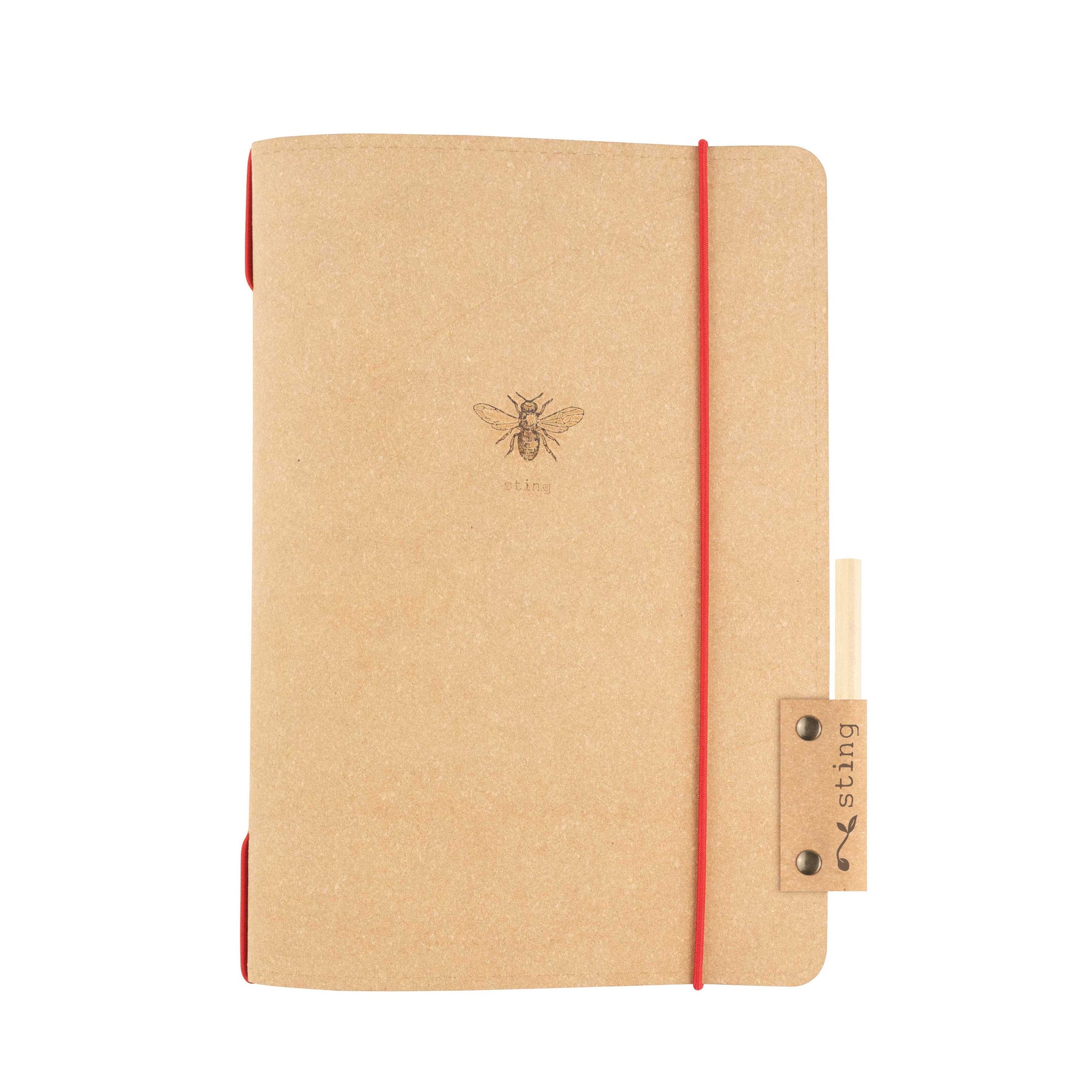 Brown leather notebook with a bee imprinted at the centre