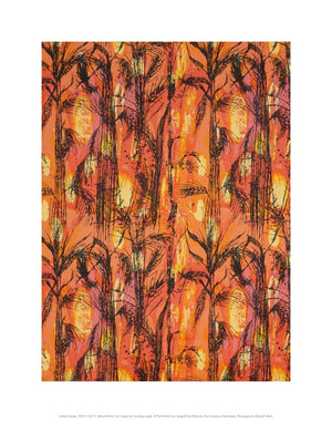 Image of Althea McNish Golden Harvest textiles design. Orange and yellow tree design.