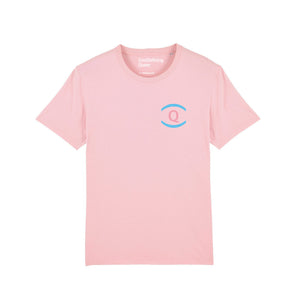 Pink t-shirt with darker pink and blue UnDefining Queer logo 