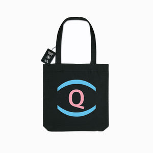 Black tote bag with the UnDefining Queer exhibition logo. White background.