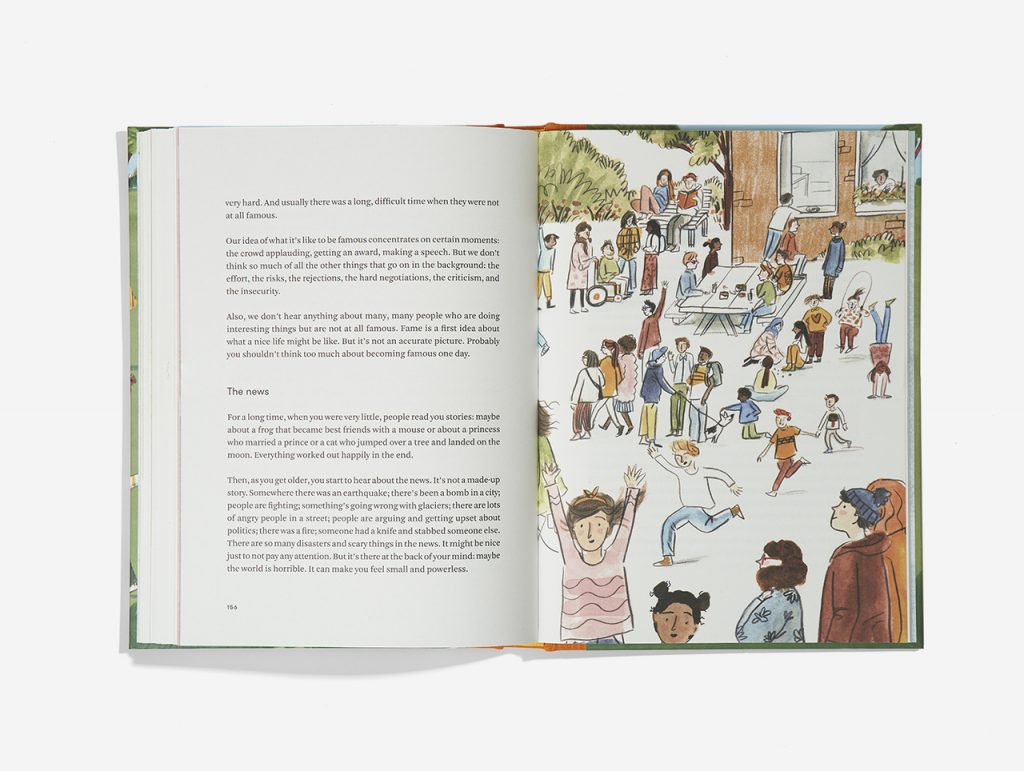 Image of an open book. Text on the left page. The right page is a busy illustration of people playing and talking in a playground area.