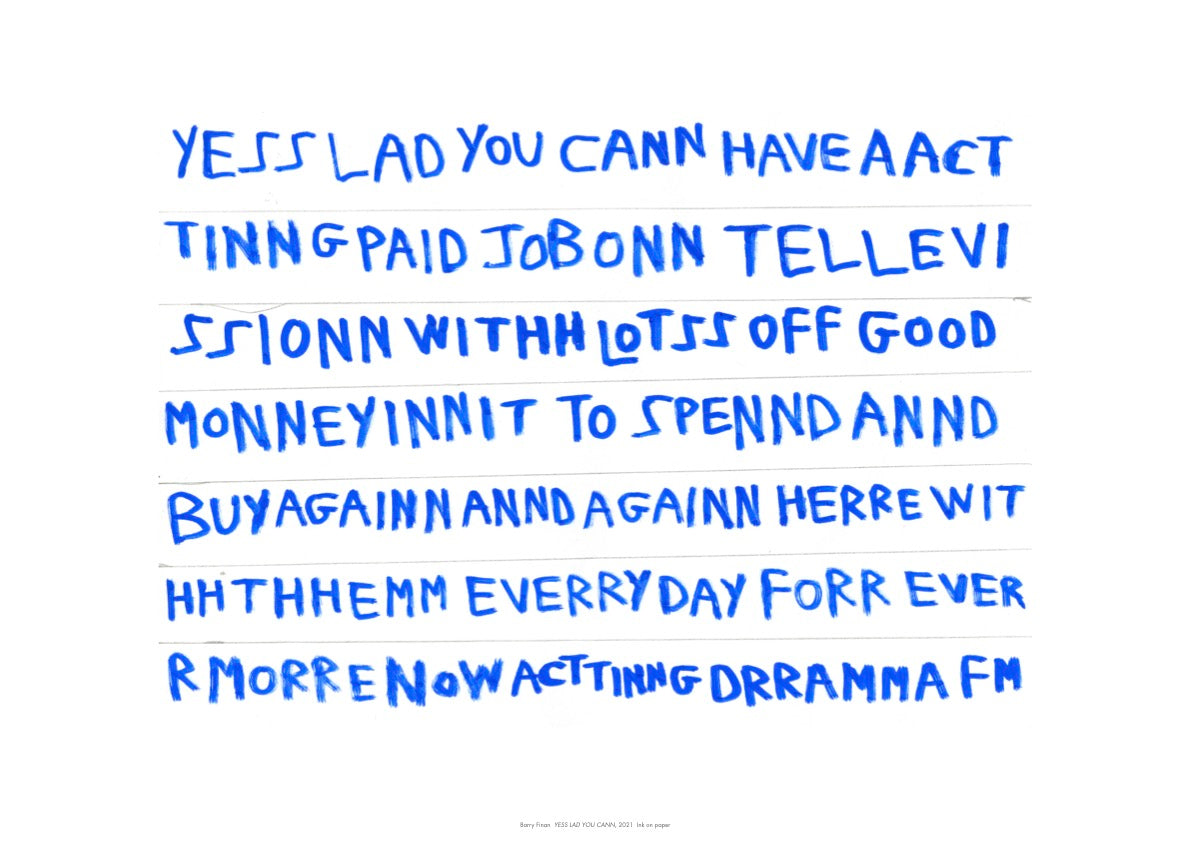 A print featuring word in blue capital letters