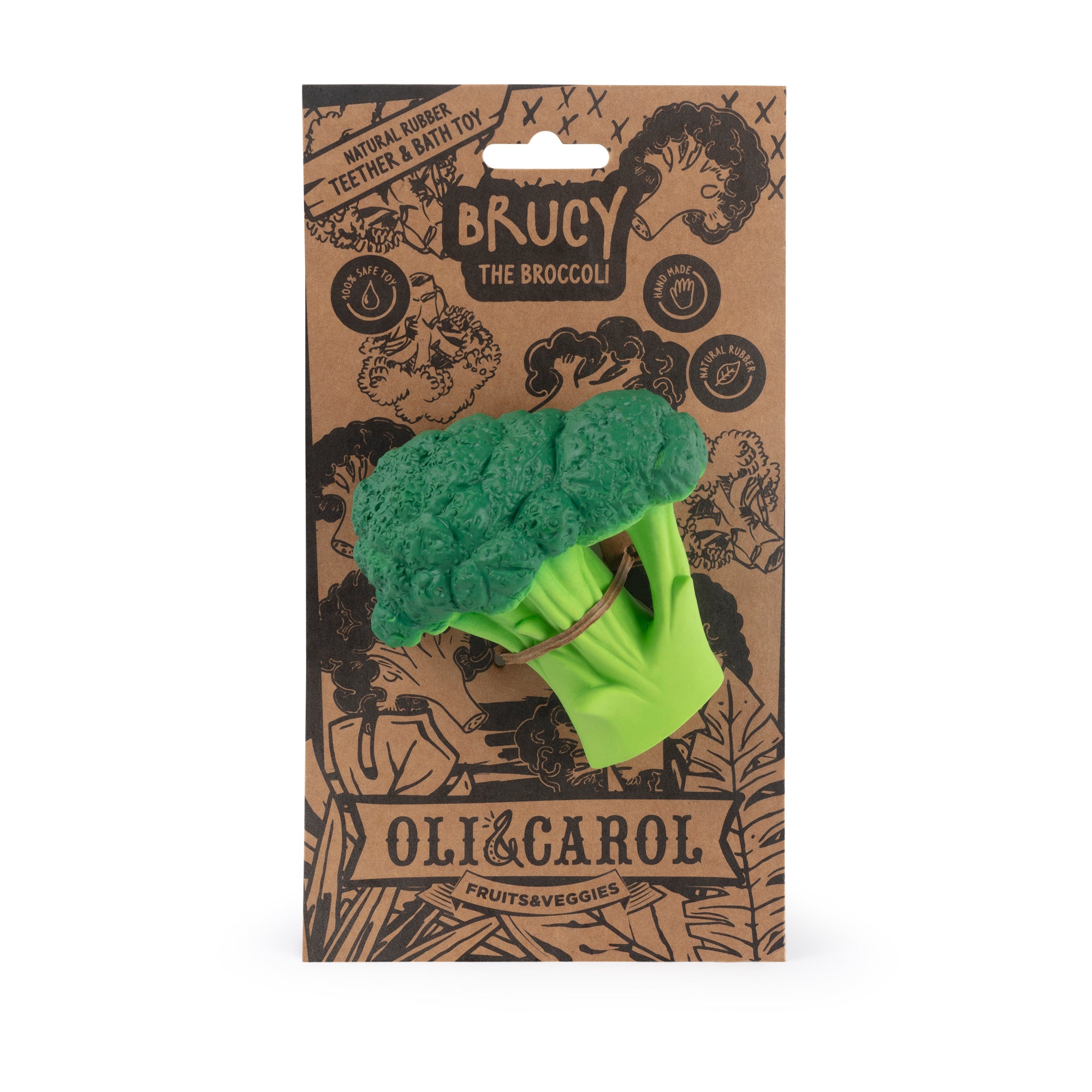 Broccoli shaped baby teether by Oli & Carol against branded backing card and white background.