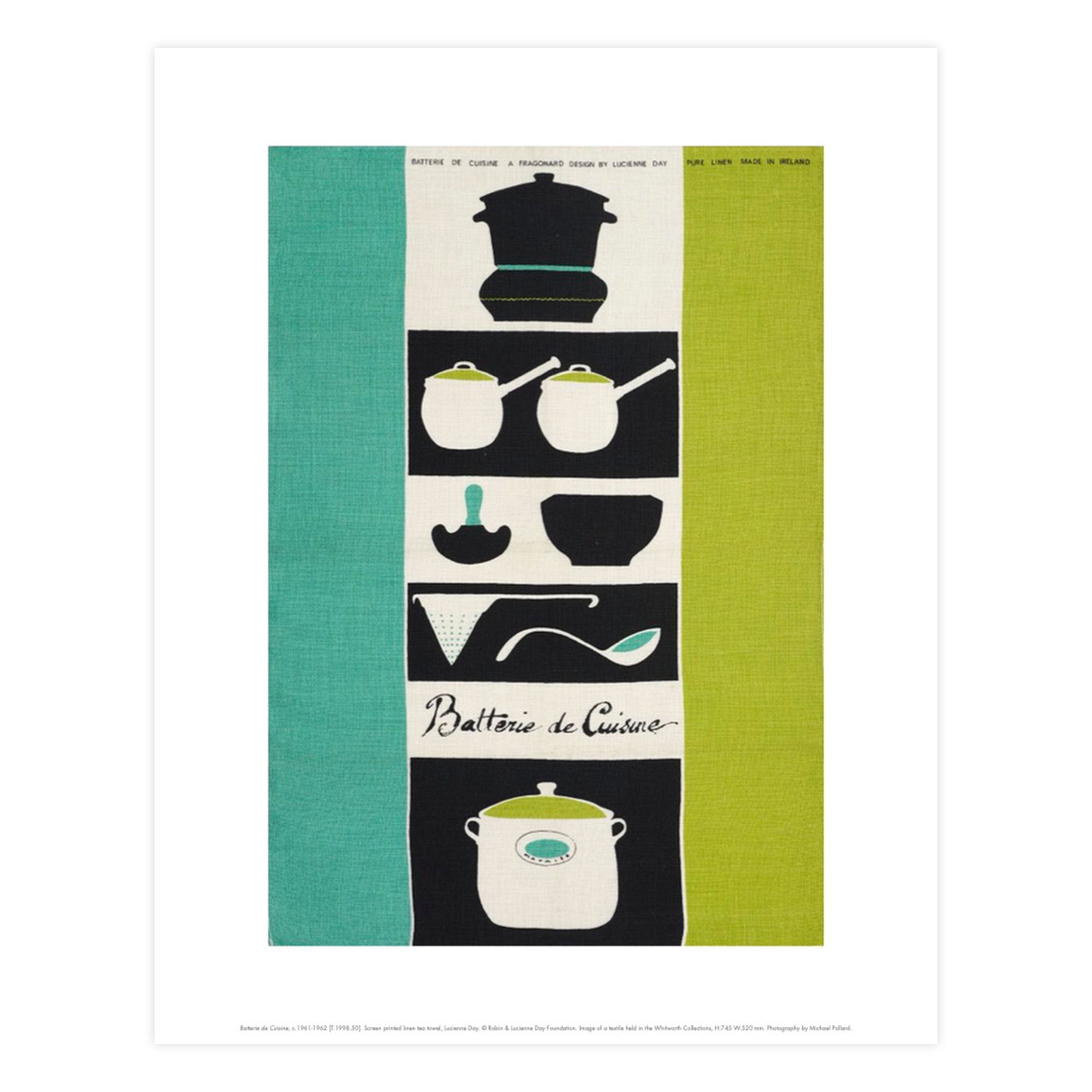Reproduction of Batterie de Cuisine by Lucienne Day. A green, black and white print with Kitchenware at the centre.