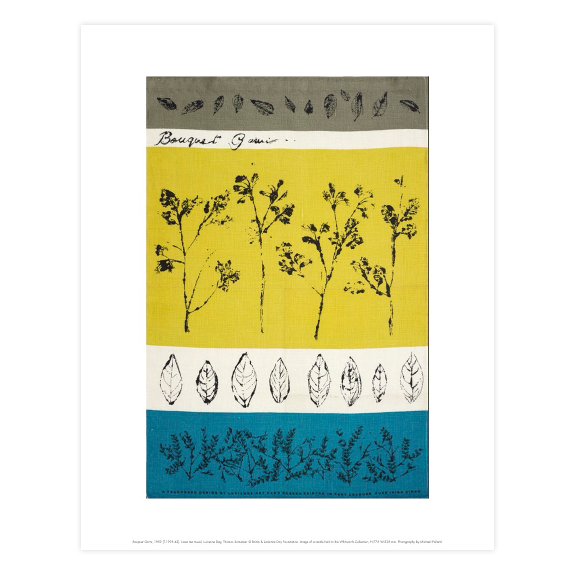 Reproduction of Bouquet Garni by Lucienne Day. Yellow, blue and white print with flowers.