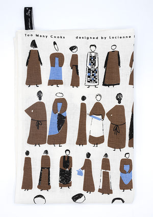 Image of tea towel folded into 1/4. Lucienen Day 'Too Many Cooks'. Repeat pattern of person in brown dress.