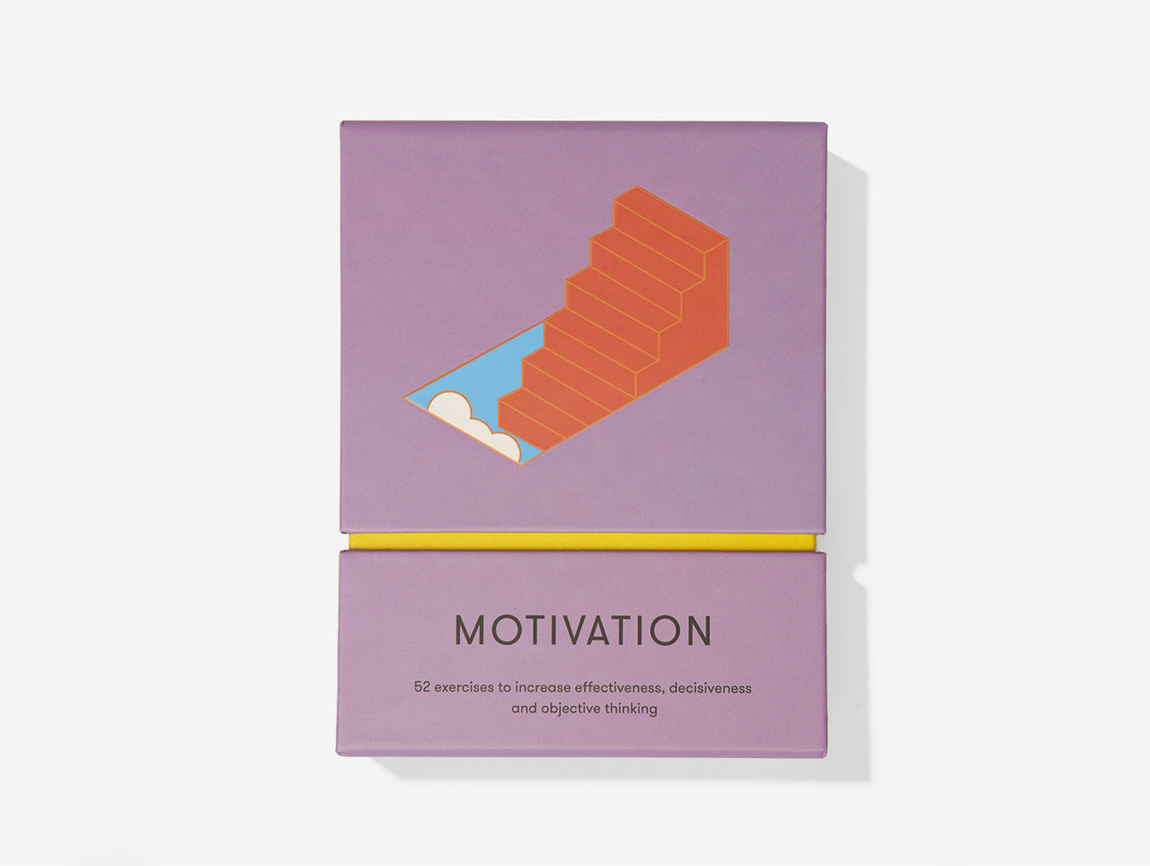 Image of a purple box of cards with the words 'MOTIVATION' at the bottom centre. Above centre is an illustration of a red staircase.