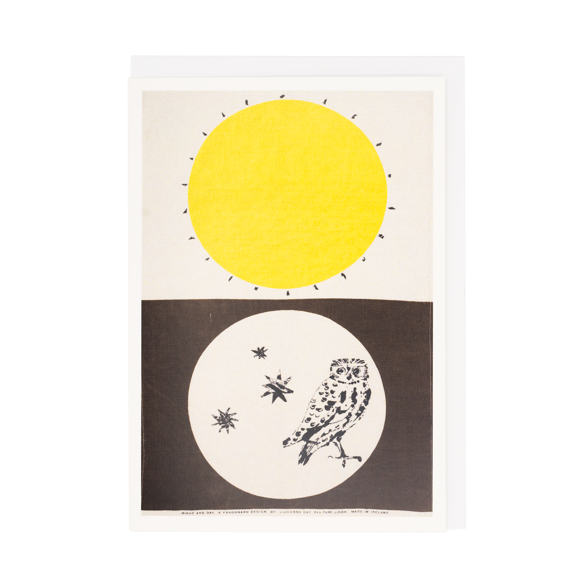 Image of 'Night & Day' greetings card, Lucienne Day. Top half of design is yellow sun, bottom is white design with black owl
