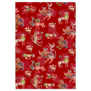 Image of pattern design by Sarah-Joy Ford. Lots of mythical creatures against a red backgound.
