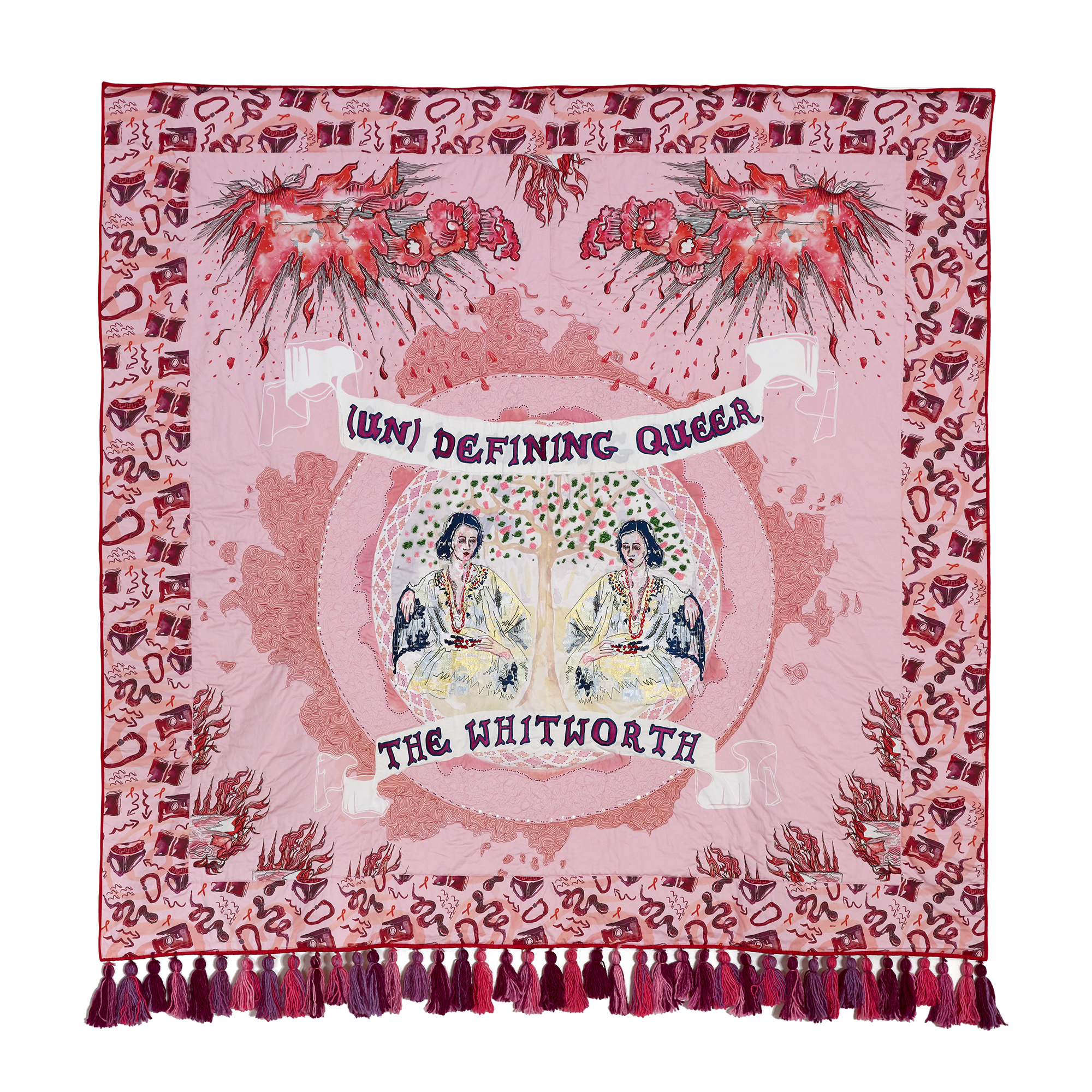 Sarah-Joy Ford (Un)Defining Queer banner quilt. Pink and red pattern design featuring two figures at the centre.