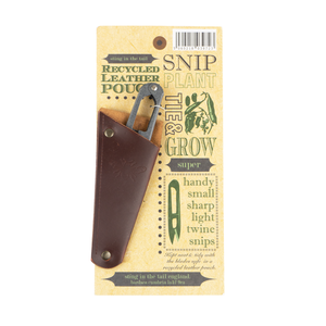 Garden snip sin leather pouch in front of branded backing card and white background