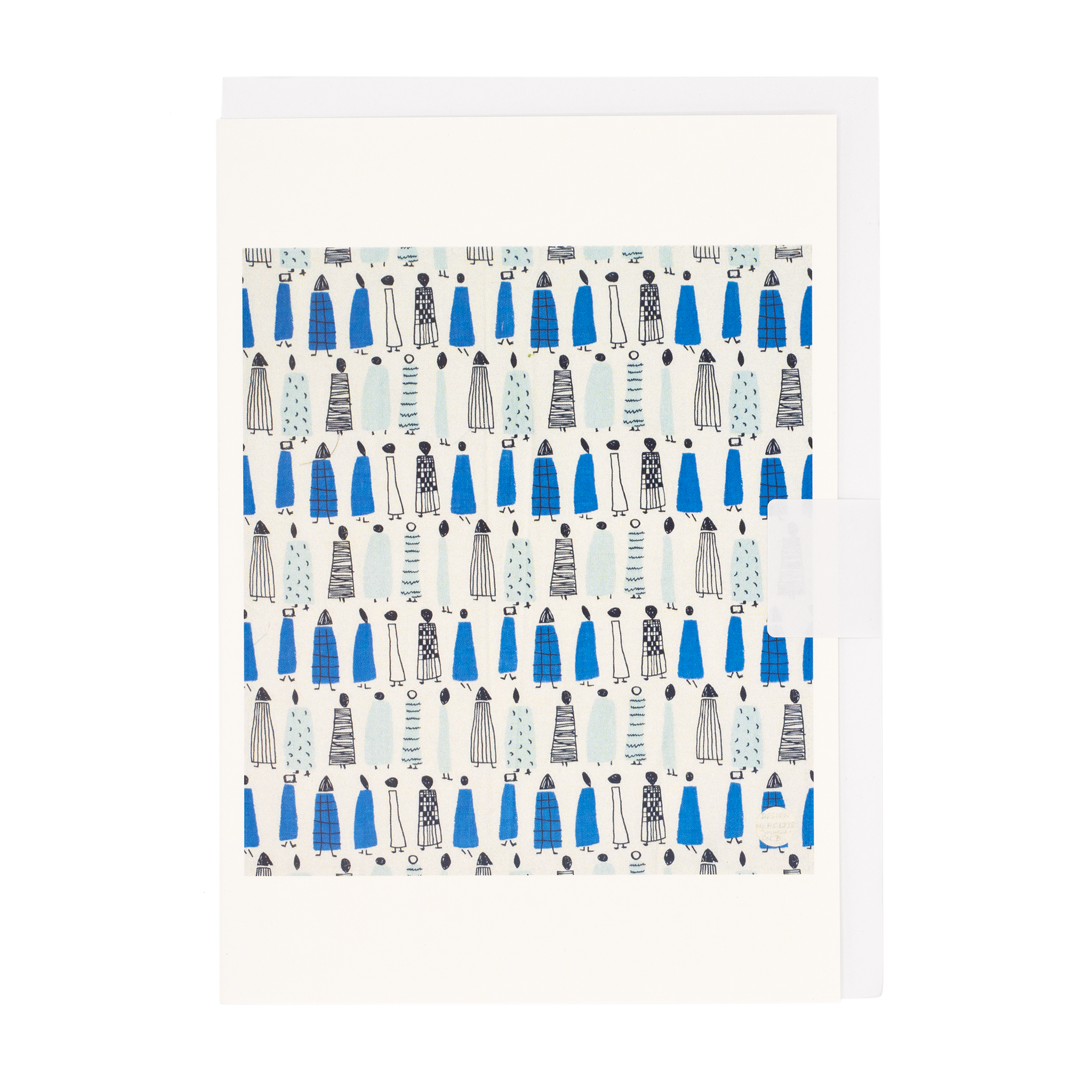 Greetings card with Lucienne Day's Sequence design. Repeat pattern of women in blue coats