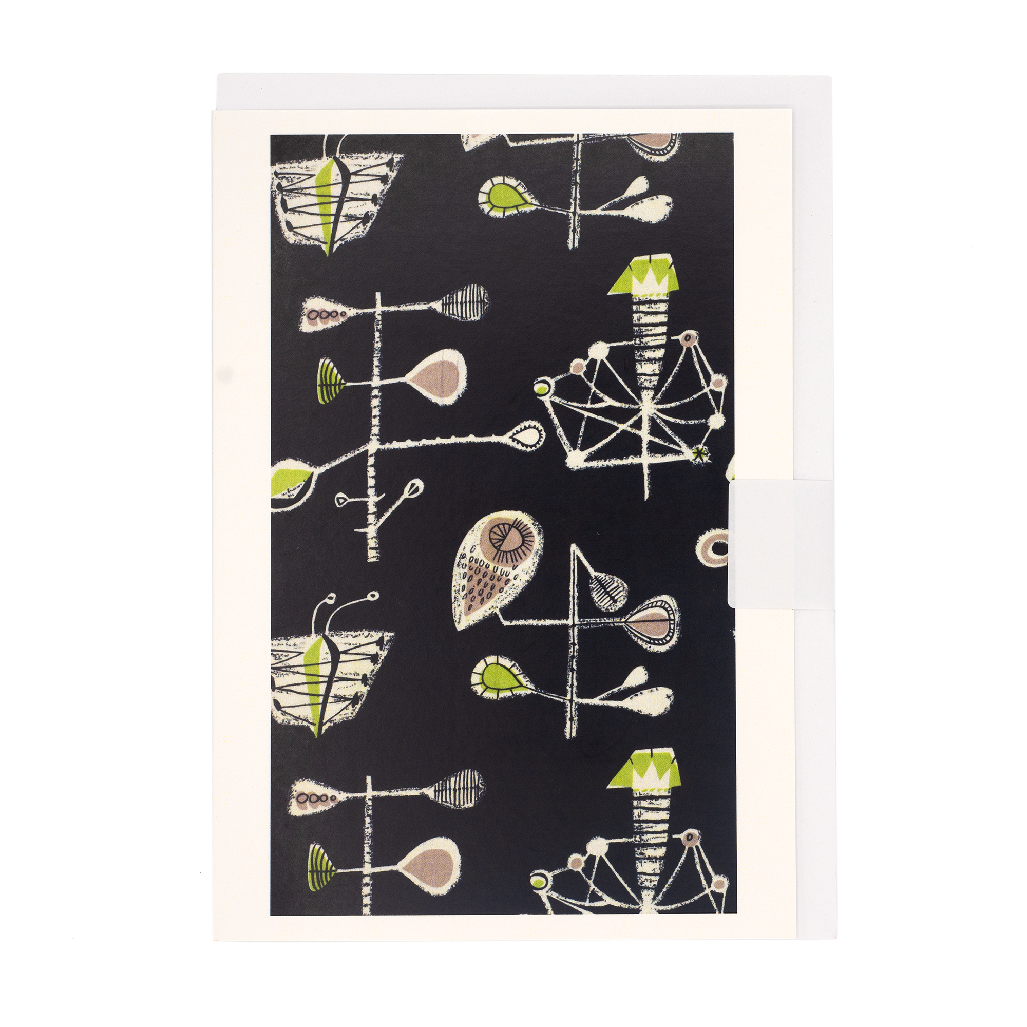 Image of greetings card with Lucienne Day Small Hours design. Black background with white, green and cream shapes